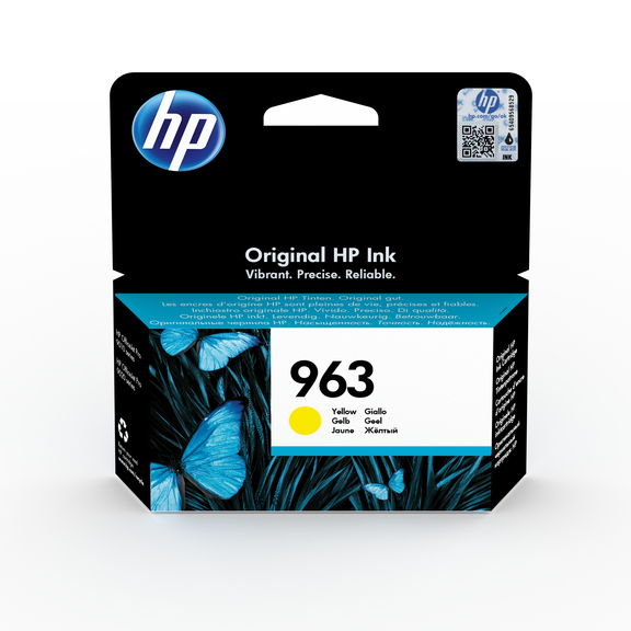 Schwarze Verpackung für gelbe HP Tinte. Auf der Vorderseite sind Schmetterlinge und die Nummer 963.
