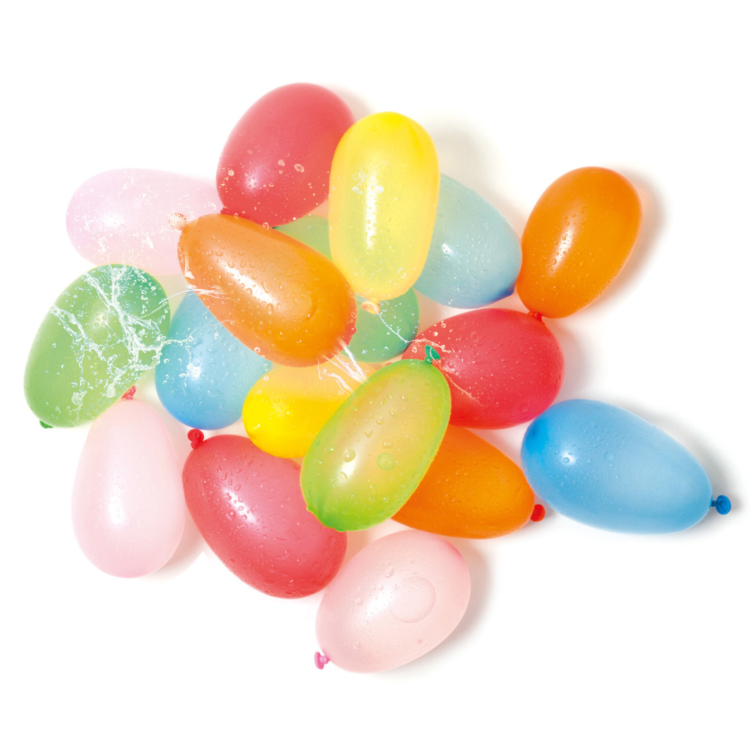 Bunte Wasserballons in verschiedenen Farben. Einige sind nass und glänzen.