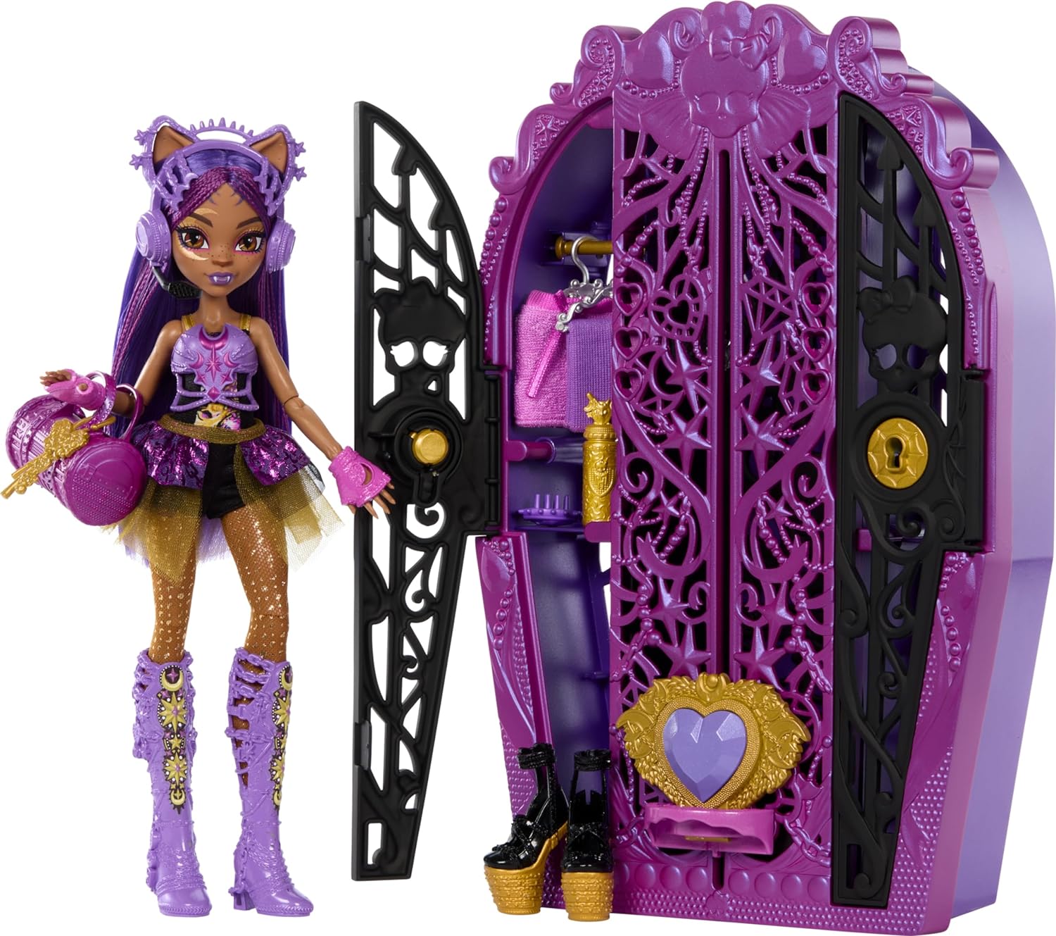 Monster High Skulltimate Secrets Puppen- und Accessoire-Set Monster Mysteries Clawdeen Wolf mit Kleiderschrank lila