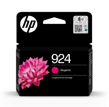 Schwarze Verpackung für eine HP Tintenpatrone. Auf der Vorderseite eine pinke Lotusblüte und die Bezeichnung 924 für Magenta.