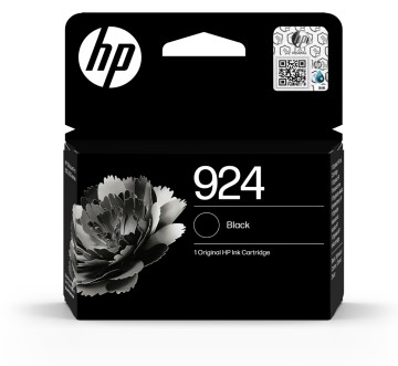 Schwarze Verpackung für einen HP Tintenpatrone. Auf der Vorderseite steht die Nummer 924 und die Farbe Schwarz.