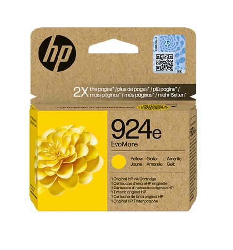 Gelbe HP Tintenpatrone in einer braunen Verpackung. Beschriftung mit der Nummer 924e und dem Hinweis auf Original HP.