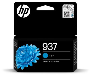 Schwarze Verpackung für einen Cyan-Tintenpatrone. Auf der Vorderseite ist eine blaue Blume abgebildet.