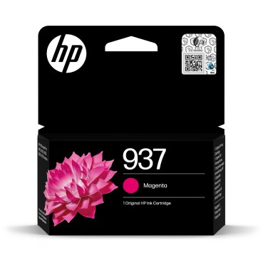 Schwarze Verpackung für einen HP Tintenpatrone. Magenta-Farbe. Abbildung einer pinken Blume. Modellnummer 937.