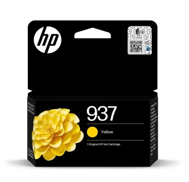 Schwarze Verpackung für eine gelbe Druckerpatrone. Auf der Vorderseite eine gelbe Blume und die Bezeichnung 937.