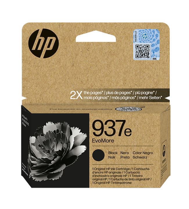 Schwarze HP Tintenpatrone in einer braunen Verpackung. Auf der Vorderseite ist eine Blume abgebildet.