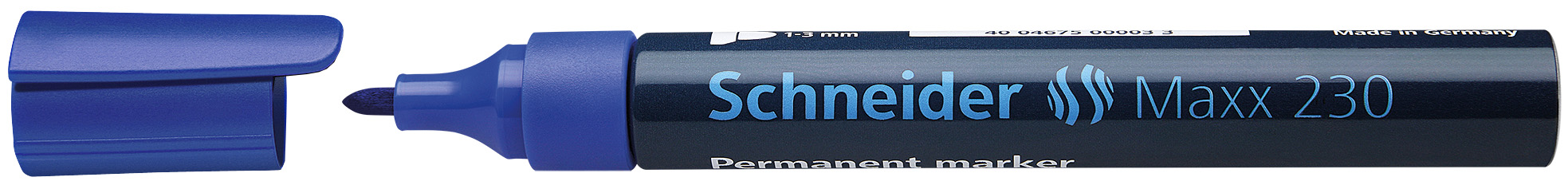 Blauer Permanentmarker mit abnehmbarer Kappe. Die Spitze ist rund und dick.