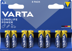Packung mit 8 AA-Batterien. Blaues Design mit gelben Akzenten. Aufschrift 'VARTA LONGLIFE POWER'.