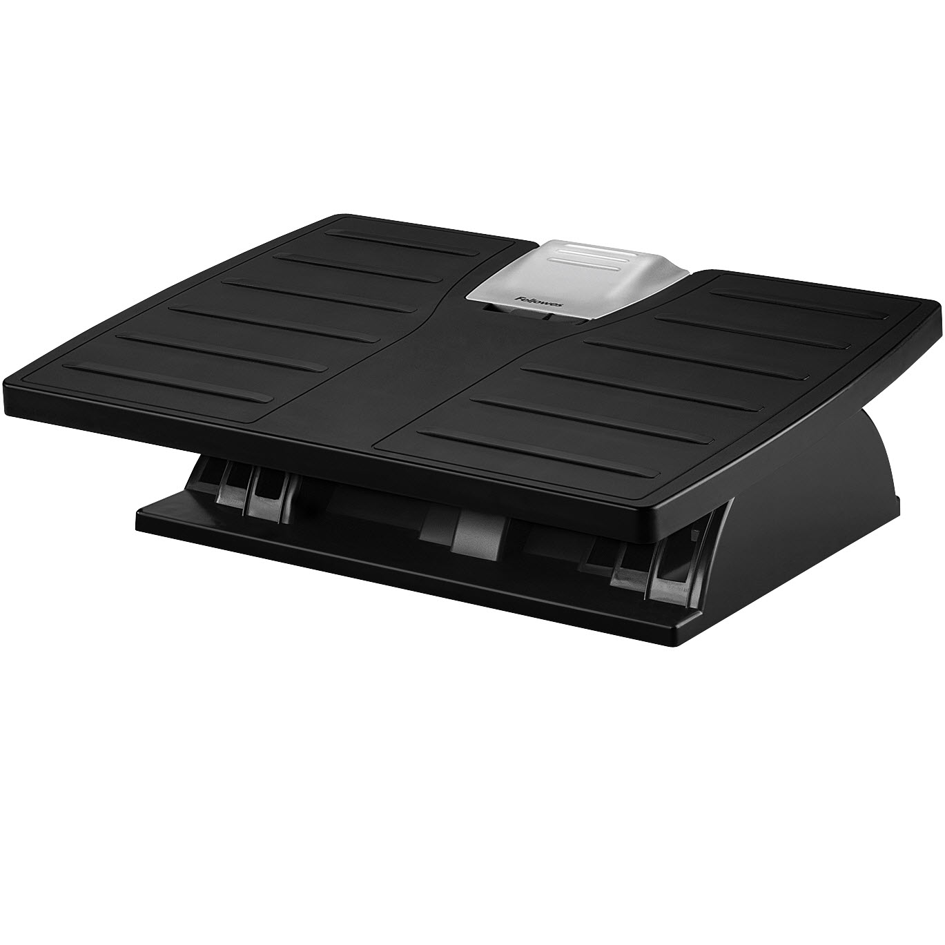 schwarze Fußstütze mit rutschfester Oberfläche. Ergonomisches Design für mehr Komfort beim Sitzen.
