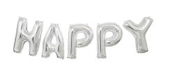 Ballonbanner-Set mit dem Schriftzug 'HAPPY BIRTHDAY'. Silberne Buchstaben, 13 Ballons, Luftfüllung. Enthält auch ein 14 Fuß langes Band.