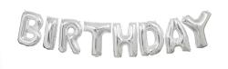 Ballonbanner-Set mit dem Schriftzug 'HAPPY BIRTHDAY'. Silberne Buchstaben, 13 Ballons, Luftfüllung. Enthält auch ein 14 Fuß langes Band.