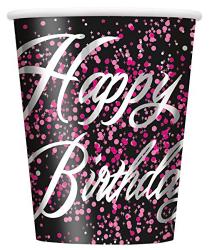 Becher - Sparkling: Happy Birthday, 8 Stück, schwarz/pink 