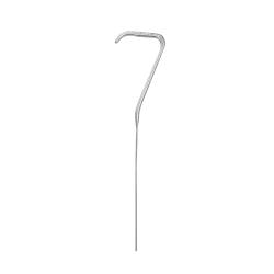 Metallischer Haken mit langem, dünnem Stab. Der Haken hat eine gebogene Spitze.