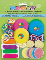 36 bunte Piñata-Füllartikel. Enthält Spielzeug wie Kreisel, Medaillen und kleine Plastikteile. Verschiedene Farben und Formen.