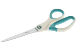 Schere mit langen Klingen und ergonomischen Griffen. Die Griffe sind in Blau und Weiß.
