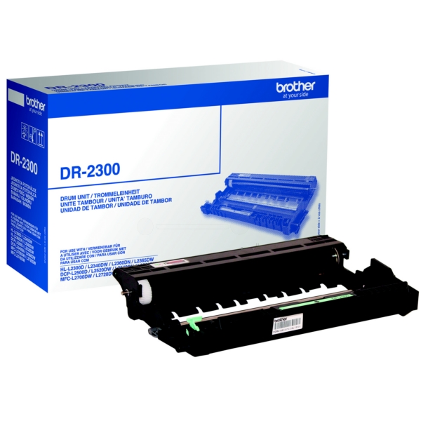 Schwarze Druckeinheit DR-2300 von Brother. Verpackung in blauer Box mit weißen Schriftzügen.
