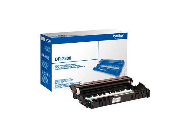 Schwarze Druckeinheit DR-2300 von Brother. Verpackung in blauer Box mit weißen Schriftzügen.