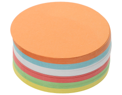 Stapel von runden, bunten Notizzetteln. Farben sind orange, blau, weiß, rot, grün und gelb.
