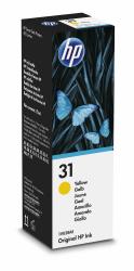 Schwarze Tintenflasche von HP mit gelber Kennzeichnung. Enthält 70 ml Original HP Tinte.