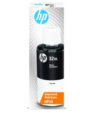Schwarze Tinte in einer Flasche mit weißem Deckel. Verpackung zeigt die Bezeichnung HP 32XL und 135 ml Inhalt.