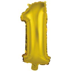 Goldene Folienballon in Form der Zahl eins. Glänzende Oberfläche, geeignet für Feiern.