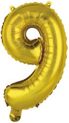 Goldene Folienballon in Form der Ziffer 9. Glänzende Oberfläche, rundliche Form.