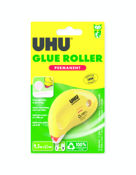 Gelber Kleberoller mit permanentem Kleber. Verpackung zeigt Anwendungshinweise und Maße.