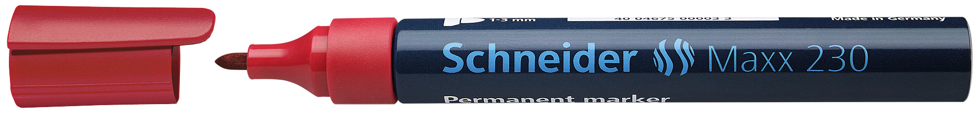 Roter Permanentmarker mit abnehmbarem Deckel. Die Spitze ist rund und dick.