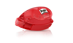 roter Kleberoller mit transparentem Gehäuse. Aufschrift 'Pritt refill roller permanent'. Kompakt und handlich.