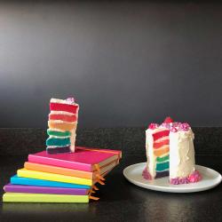 Bunter, mehrschichtiger Kuchen mit verschiedenen Farben. Daneben stapelbare, farbige Notizbücher.