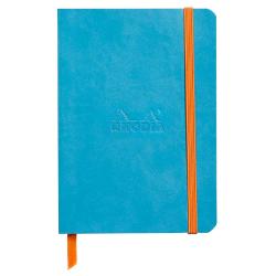 Blaues Notizbuch mit orangefarbener Gummiband. Das Logo 'Rhodia' ist auf der Vorderseite eingeprägt.
