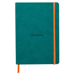 Grünes Notizbuch mit orangefarbener Gummiband. Auf dem Cover steht der Schriftzug Rhodia.