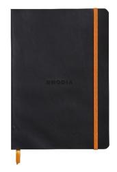 Schwarzes Notizbuch mit orangefarbener Gummiband. Auf der Vorderseite steht 'RHODIA'.