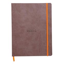 Braunes Notizbuch mit orangefarbener Gummibandbindung. Das Logo 'Rhodia' ist auf der Vorderseite eingeprägt.