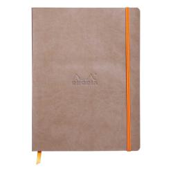 Braunes Notizbuch mit orangefarbener Gummibandbindung. Auf der Vorderseite ist das Logo 'Rhodia' eingeprägt.