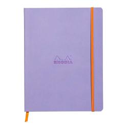 Lila Notizbuch mit orangefarbenem Gummiband. Das Logo 'RHODIA' ist geprägt.