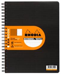 Schwarzes Notizbuch mit Spiralbindung. 160 Seiten, 80 Blatt. Karierte Seiten im 5x5 Format. Orangefarbener Aufkleber mit Produktinformationen.