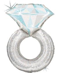 Luftballon in Form eines Diamantrings. Der Ring ist silber und der Diamant hat eine hellblaue Farbe.