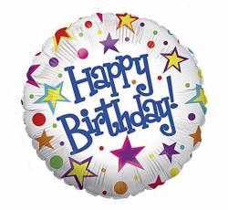 Runde Luftballon mit bunten Sternen und Punkten. Aufschrift: 'Happy Birthday!' in blauer Schrift.