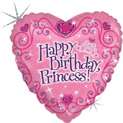 Herzförmiger Ballon in Pink. Aufschrift: 'Happy Birthday, Princess!' Verziert mit Glitzer und kleinen Herzen.