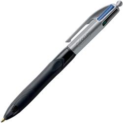 Schwarzer Kugelschreiber mit silberner Kappe. Drei Farben: blau, grün, rot. Ergonomischer Griff.