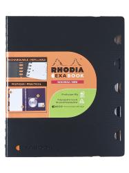 Schwarzes Notizbuch mit orangefarbenem Aufkleber. Es ist nachfüllbar und aus recyceltem Material.
