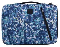 Laptoptasche mit camouflagemuster in Blau- und Grüntönen. Reißverschluss auf der rechten Seite. Handgriff oben.