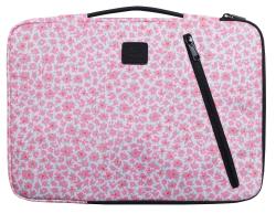 Laptop-Hülle mit pinkem Blumenmuster. Reißverschluss und Tragegriff vorhanden.