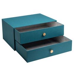 Tealfarbige Aufbewahrungsbox mit zwei Schubladen. Goldene Knöpfe zum Öffnen der Schubladen.