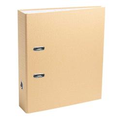 beige Ordner mit zwei Metallringen. Strukturierte Oberfläche. Geschlossen, ohne sichtbare Inhalte.