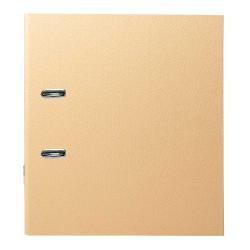 beige Ordner mit zwei Metallringen. Strukturierte Oberfläche. Geschlossen, ohne sichtbare Inhalte.