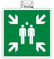 grünes Schild mit weißen Piktogrammen. Zwei stilisierte Personen in der Mitte. Pfeile zeigen in vier Richtungen.