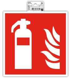 Rotes Schild mit weißem Feuerlöscher und Flammen. Warnsignal für Brandgefahr.
