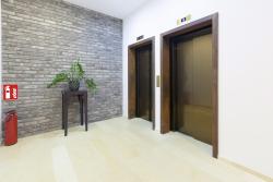 Zwei Aufzüge in einem modernen Flur. Eine Pflanze steht auf einem Tisch, daneben ein Feuerlöscher.